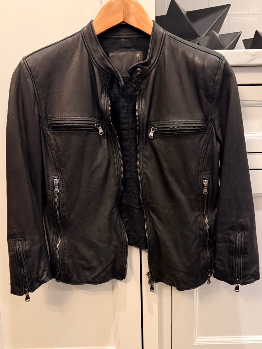 R13 Leather Cafe Racer Cropped Jacket Black Lambskin Leather Moto Biker Edgy